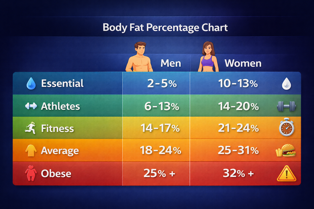 Body fat percentage chart categories for men and women essential athletes fitness average obese